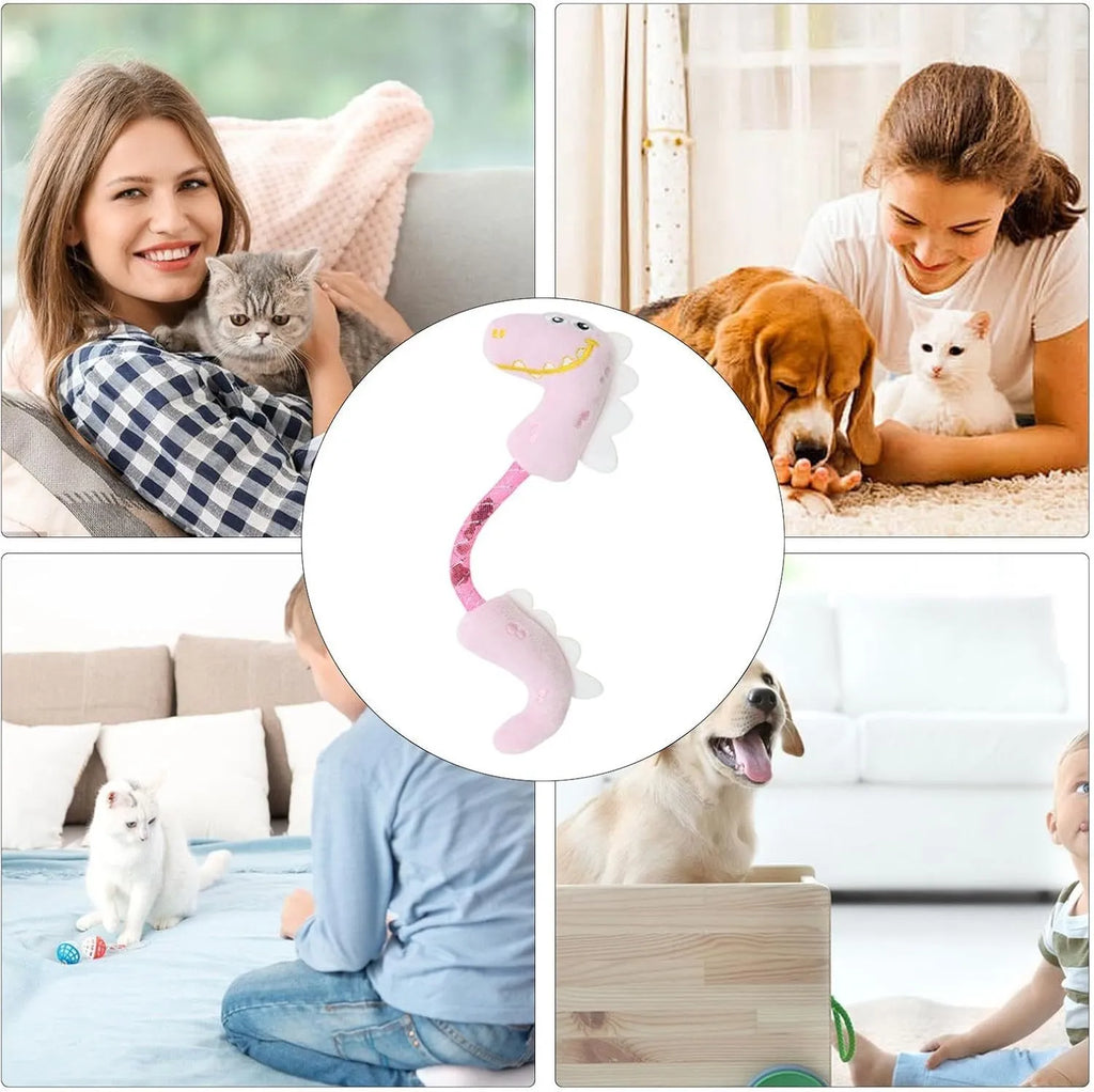 Set of four cat toys: plush fish, mouse, bunny, and a catnip rope on a pink background.