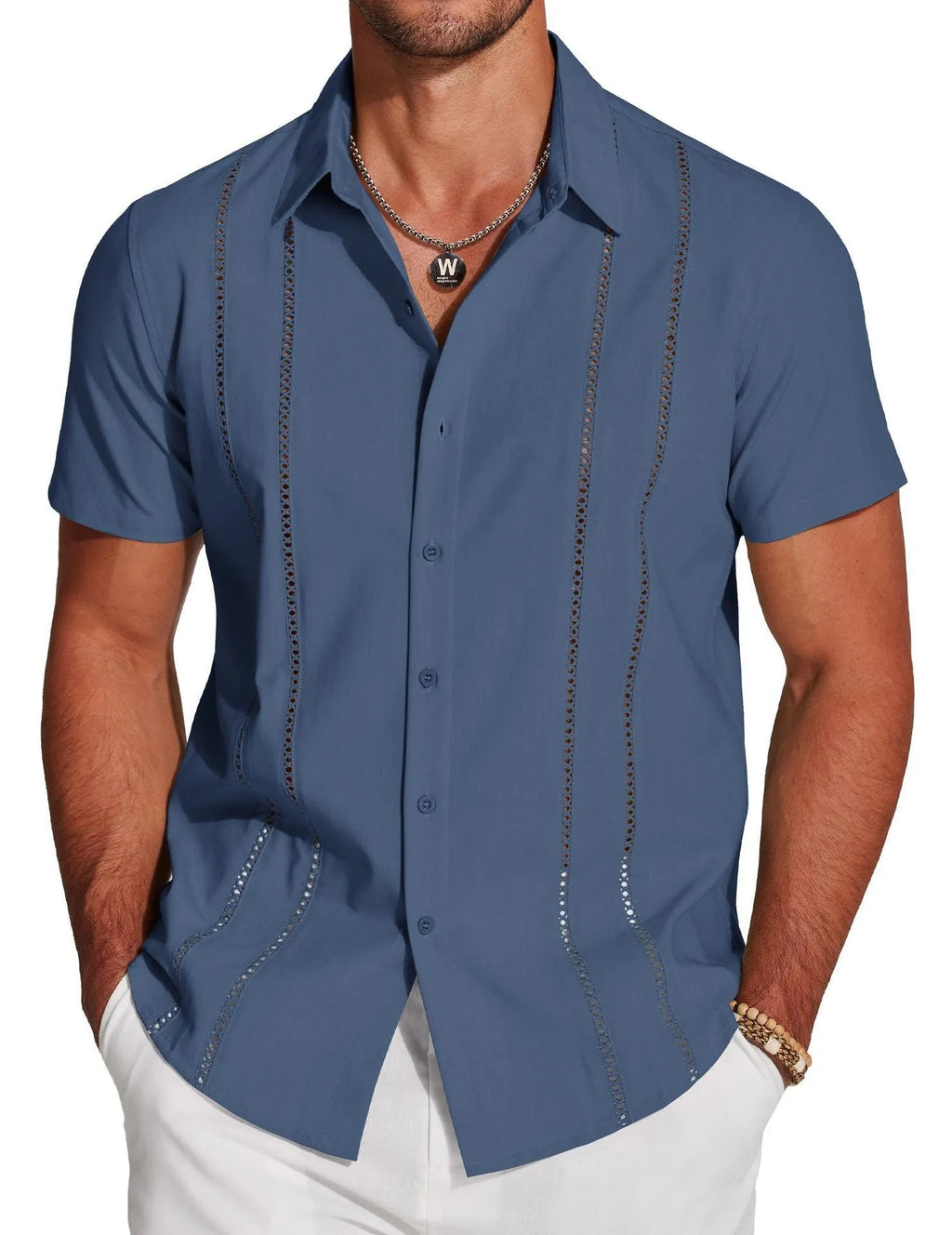 Men's slim fit short sleeve Hawaiian shirt with digital print pattern in elastic polyester fabric