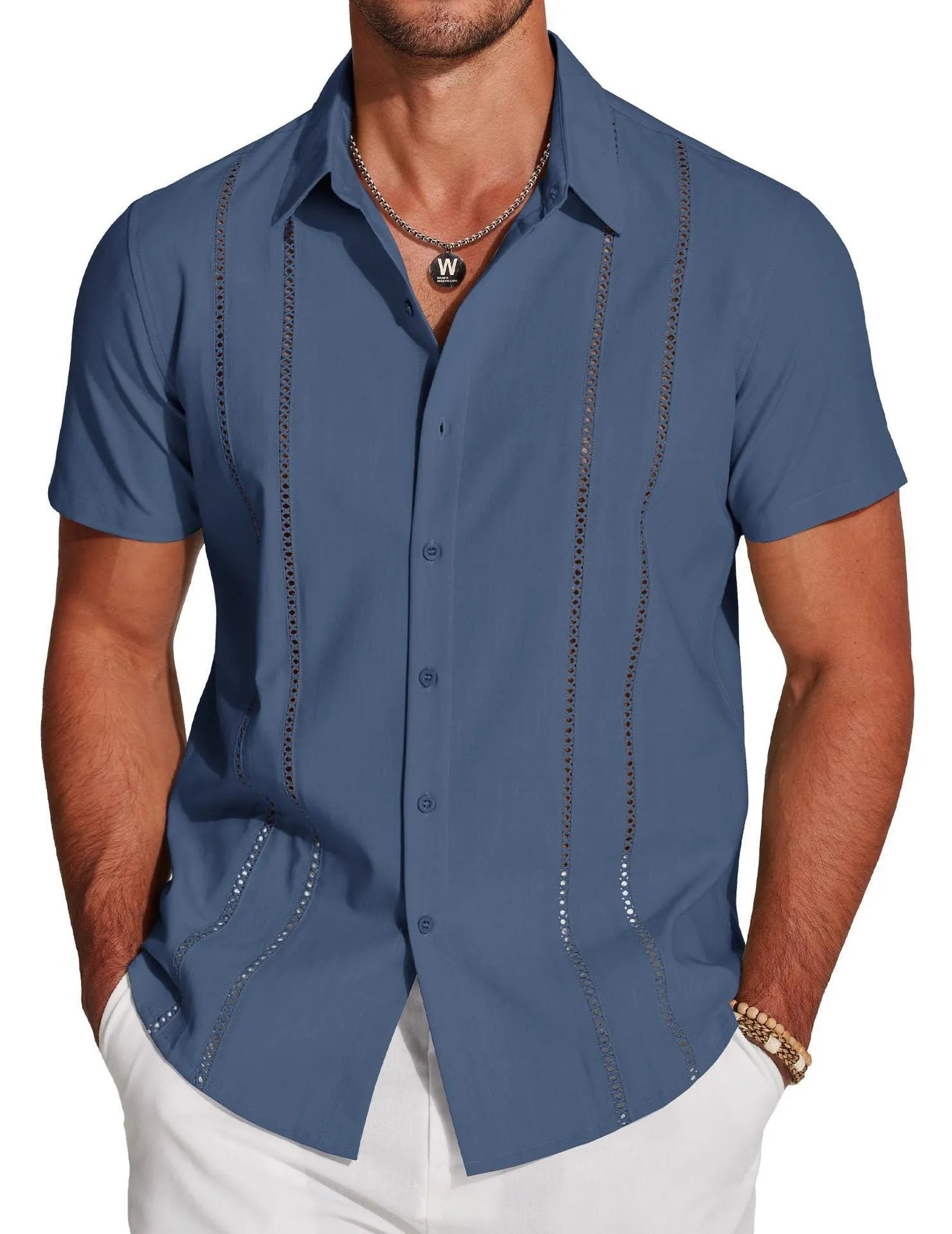 Men's slim fit short sleeve Hawaiian shirt with digital print pattern in elastic polyester fabric