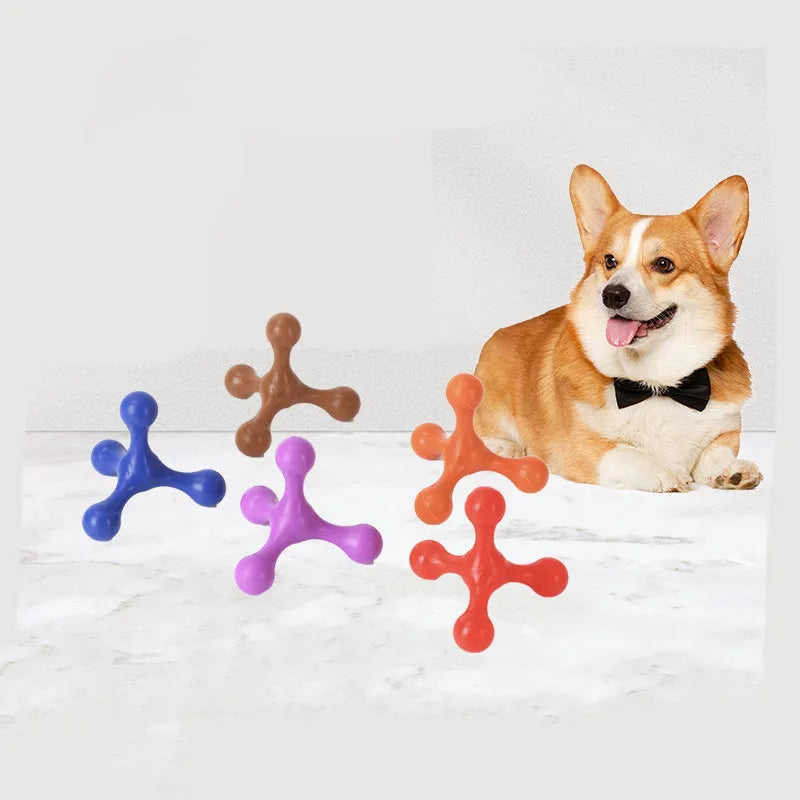 Beef-flavoured silicone three-leg chew toy for puppies in blue, green, purple, red, or red purple