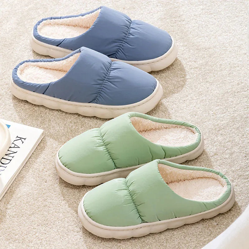 Thick-soled down cotton slippers with artificial leather upper and plush lining in blue green grey pink or yellow