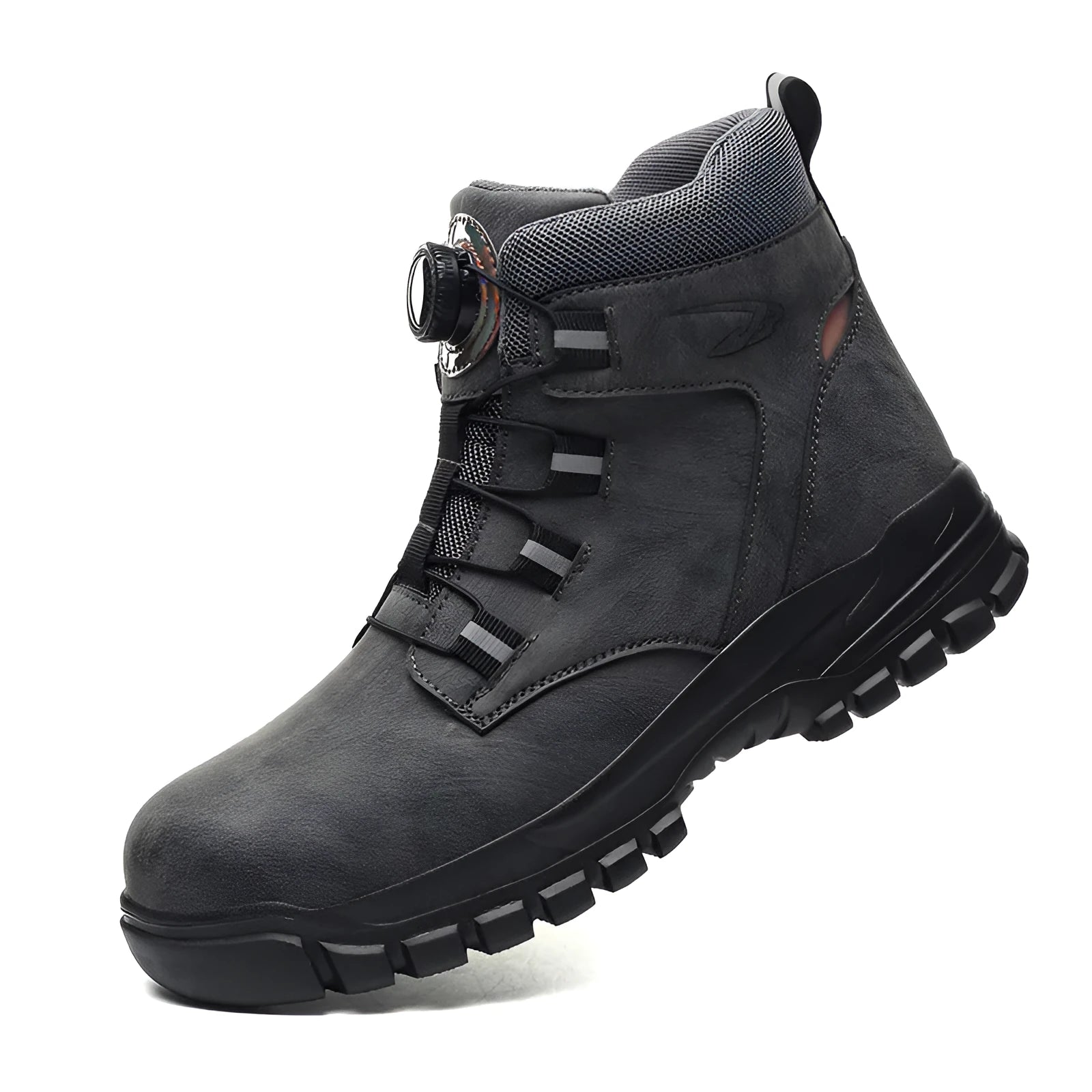 Leather safety work boots with rubber soles in black, yellow, and grey colour options.