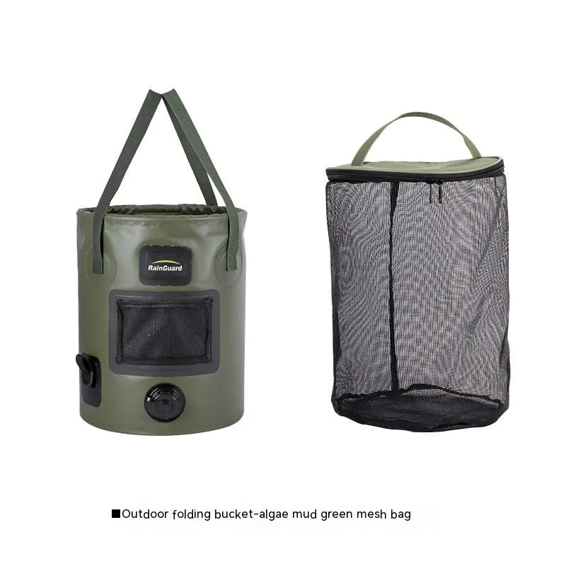 Outdoor portable folding fishing bucket in lemon yellow colour showing 25L capacity and foldable design