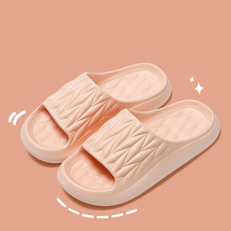 Leaf texture design EVA slippers for indoor use, shown in available colours.