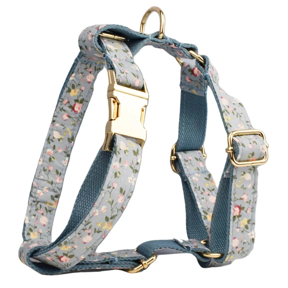 Blue floral polyester cotton dog collar set with leash, vest, bow, and poop bag in sizes XS to XL