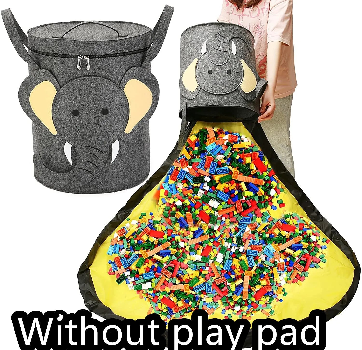 Green felt cube storage bag with pull rope, shown as a toy organiser and play mat.