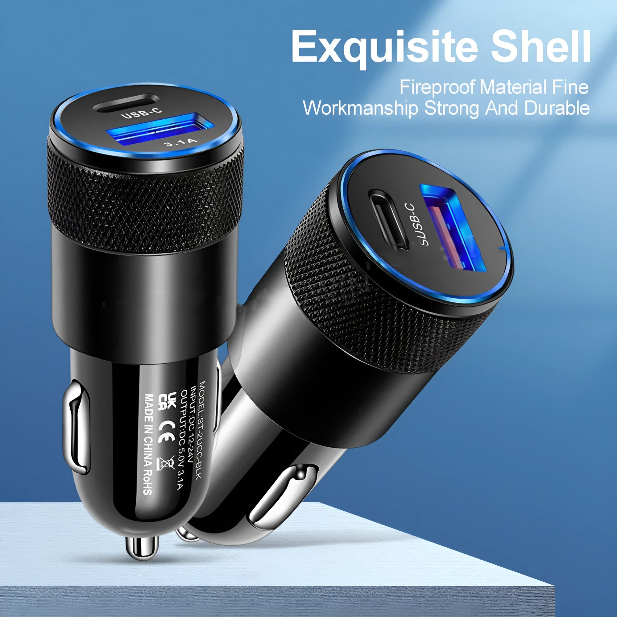 Aluminium alloy mobile phone car charger showing compact design and vehicle power connection