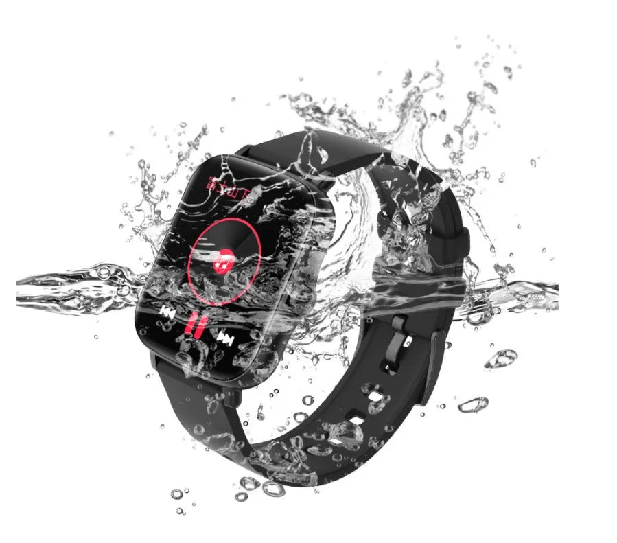 Smart sports watch with 1.7-inch colour touch screen in black, blue, or gold with adjustable strap.