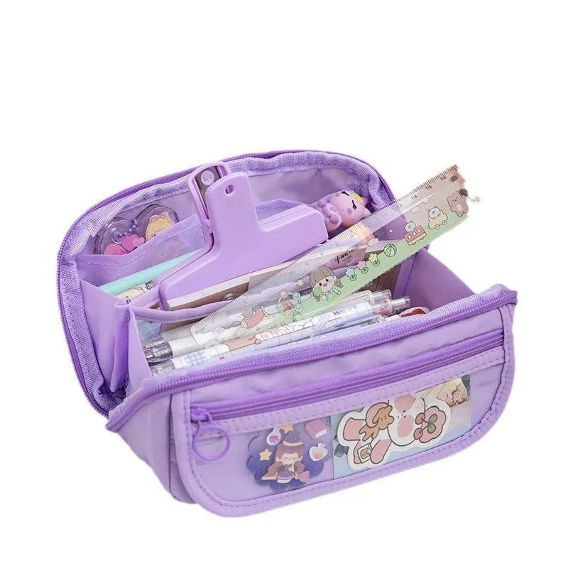 Korean-style multi-layer flip pencil case in canvas material showing six colour options