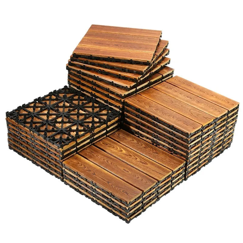 Four camphor pine wood flooring tiles showing 30cm square dimensions and wood grain texture