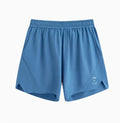Black and blue four-point stretch running shorts with laser-punched stitching for training.
