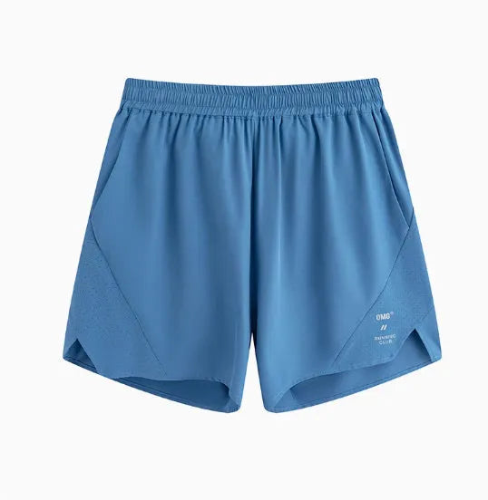 Black and blue four-point stretch running shorts with laser-punched stitching for training.