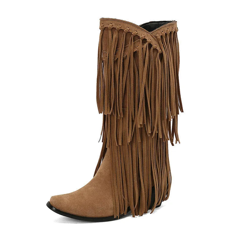 Women's suede high boots with chunky heel and tassel detail in multiple colours