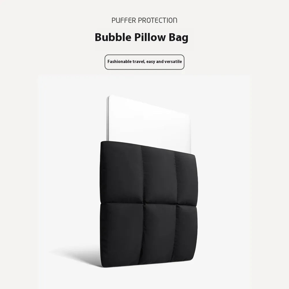 Black or khaki polyester laptop sleeve with fluffy lining for 13, 13.6, 15, or 15.6-inch laptops.