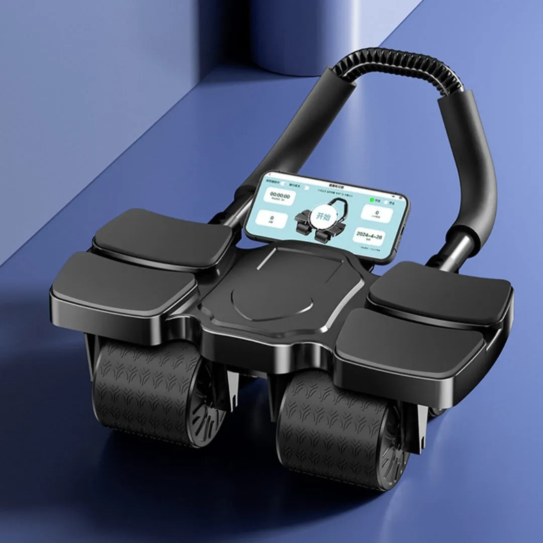 Black abdominal wheel with automatic rebound mechanism and four wheels for core exercises