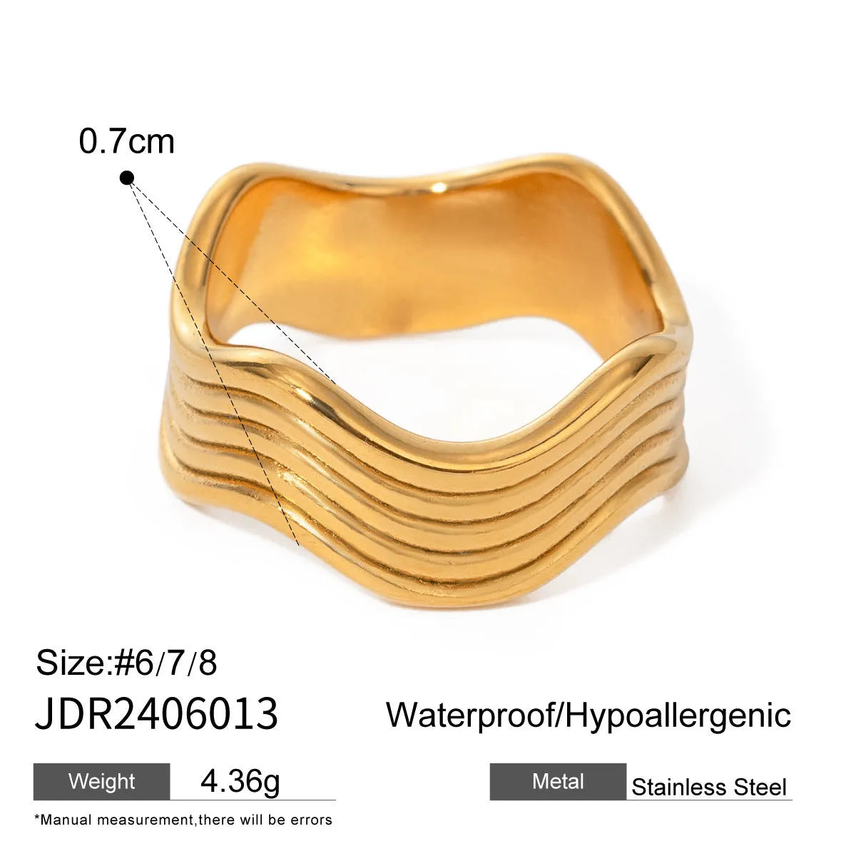 A stainless steel women's ring with a wide, geometric wave design in a Korean style.