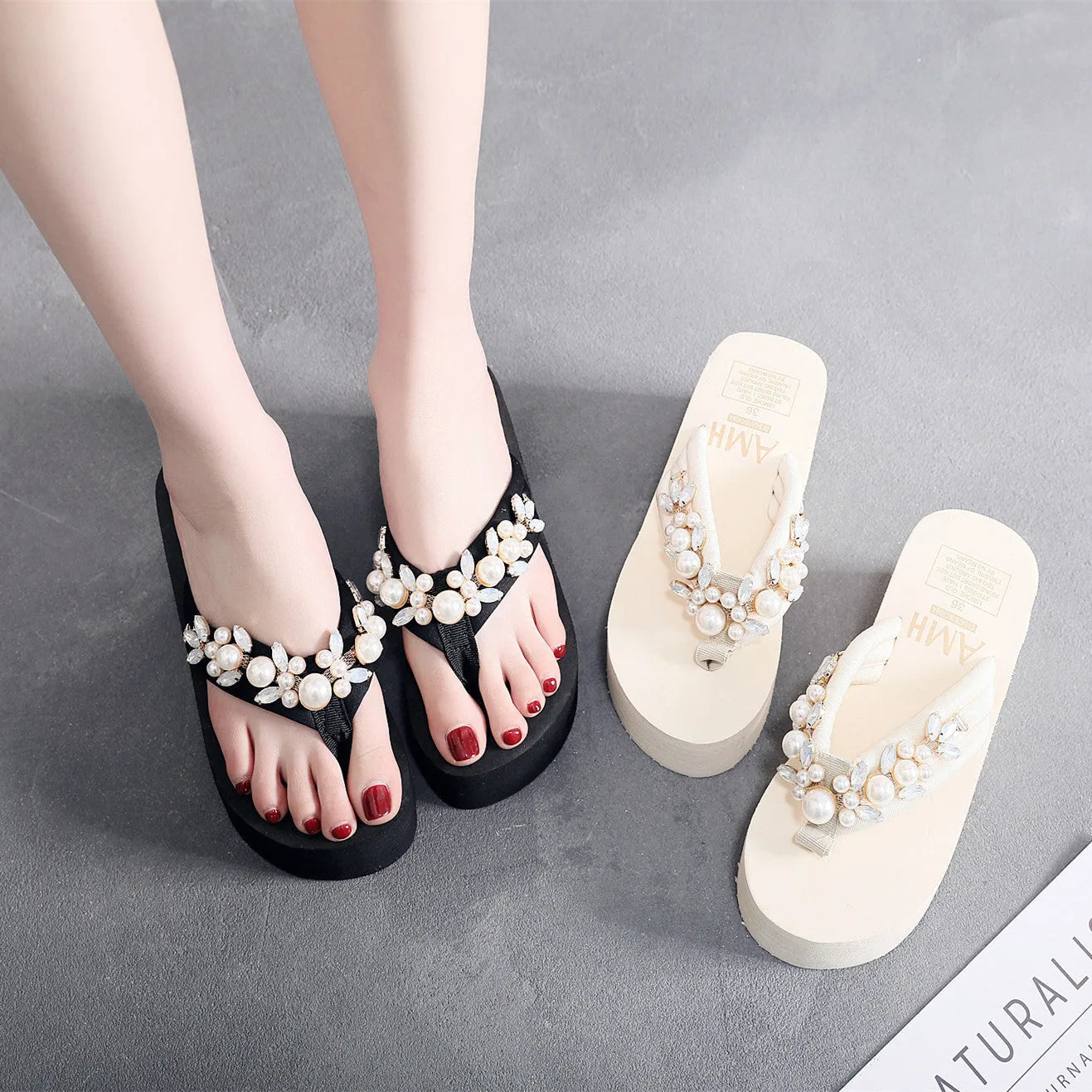 Women's black and beige high-heeled flip-flops with cotton cloth uppers showing size options