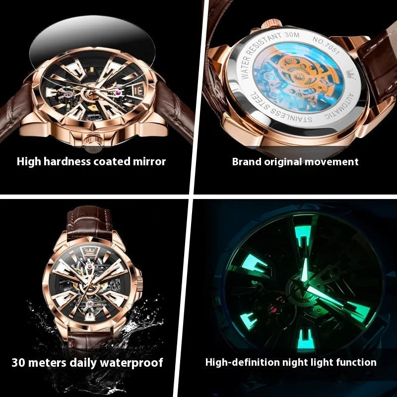 Men's automatic mechanical watch with hollow dial visible through transparent case back on genuine leather strap