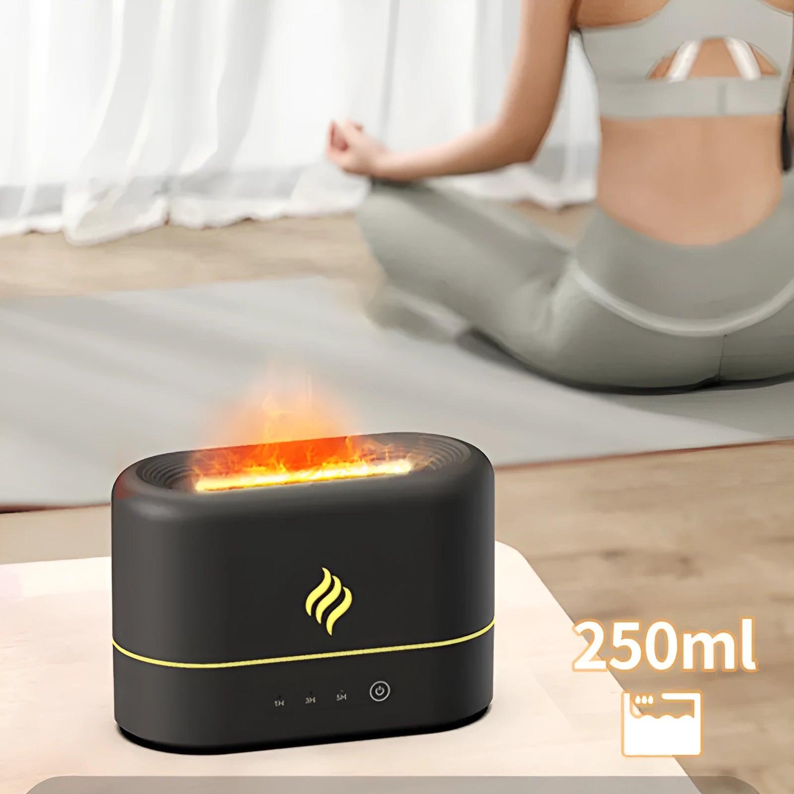Black USB humidifier with 7-colour flame effect showing mist output from single fog outlet