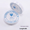 Roll of transparent white elastic fishing line cord for DIY jewellery making, showing six diameter size options.