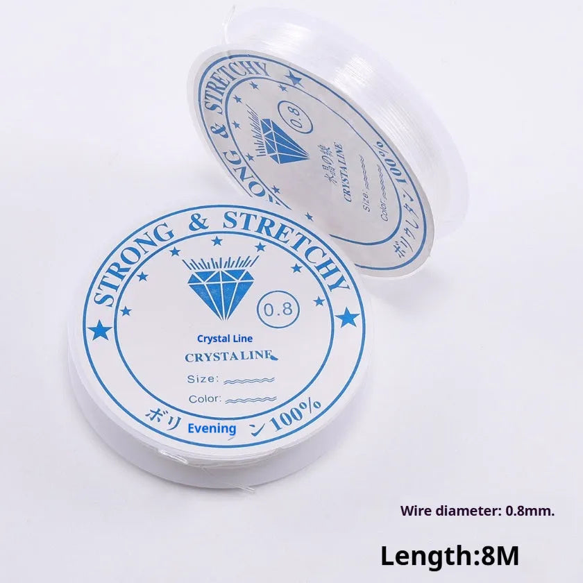 Roll of transparent white elastic fishing line cord for DIY jewellery making, showing six diameter size options.