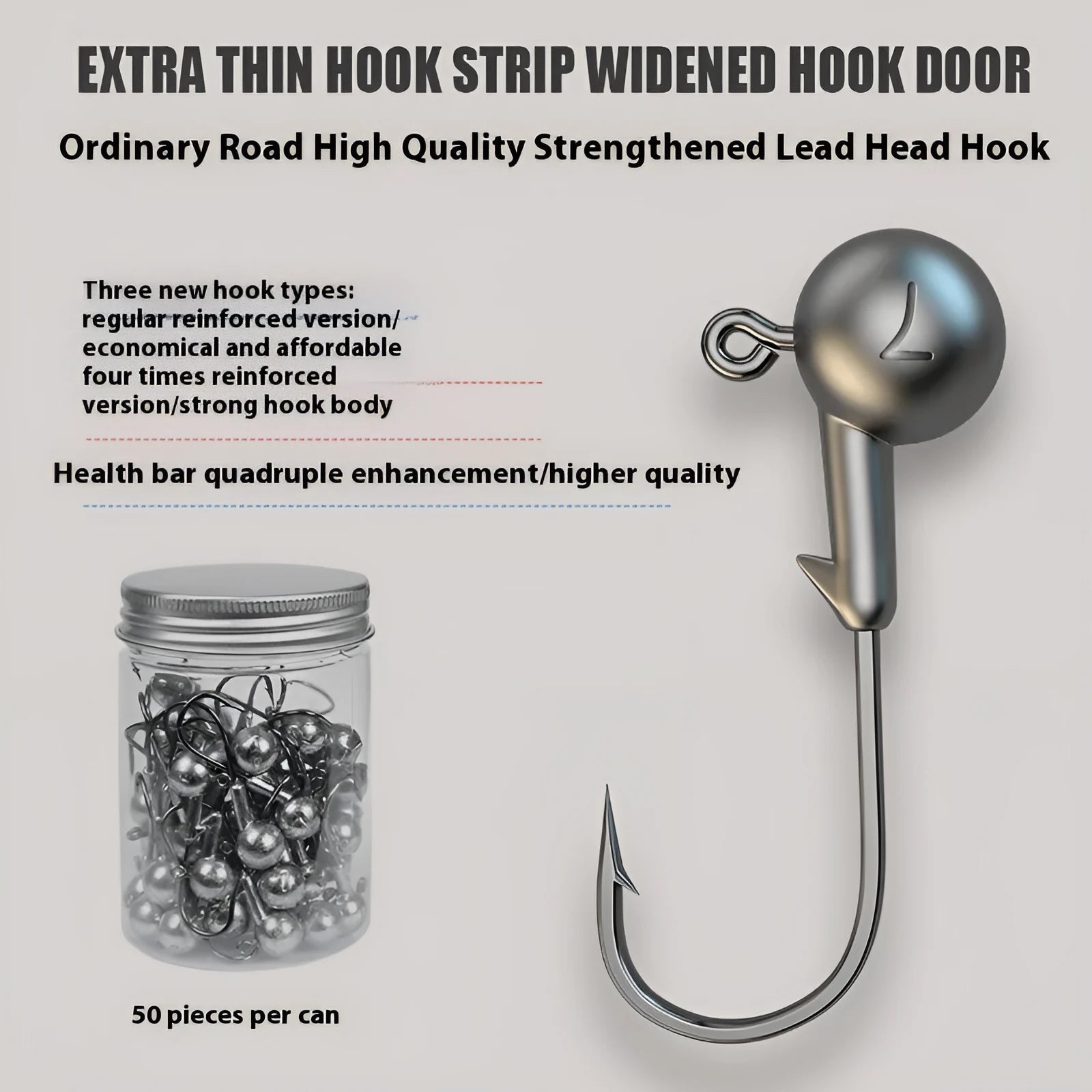Set of 50 enhanced jig fishing hooks with 4-times strengthened steel construction in primary colours