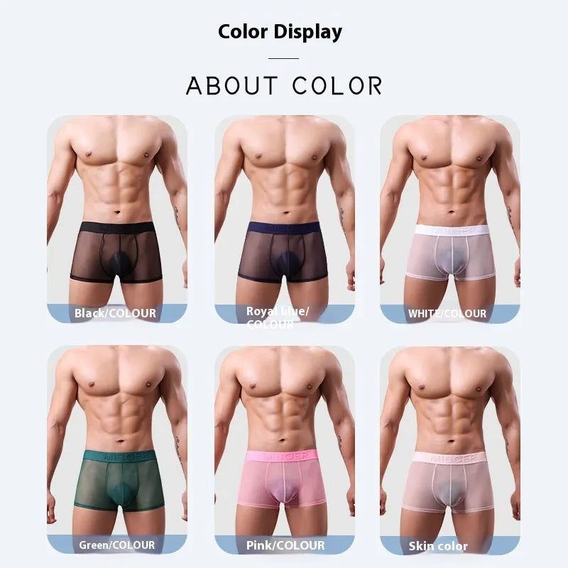 Men's thin invisible breathable boxer shorts in six colour options showing quick-dry polyester fabric construction