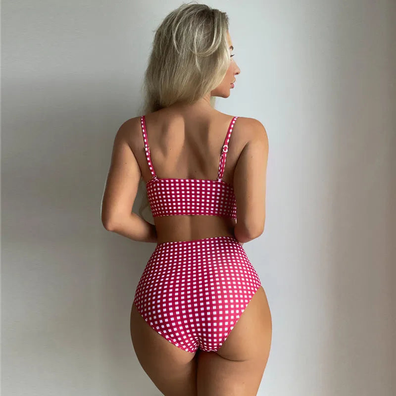 Women's plaid print bikini swimsuit with high-waisted briefs in blue colour
