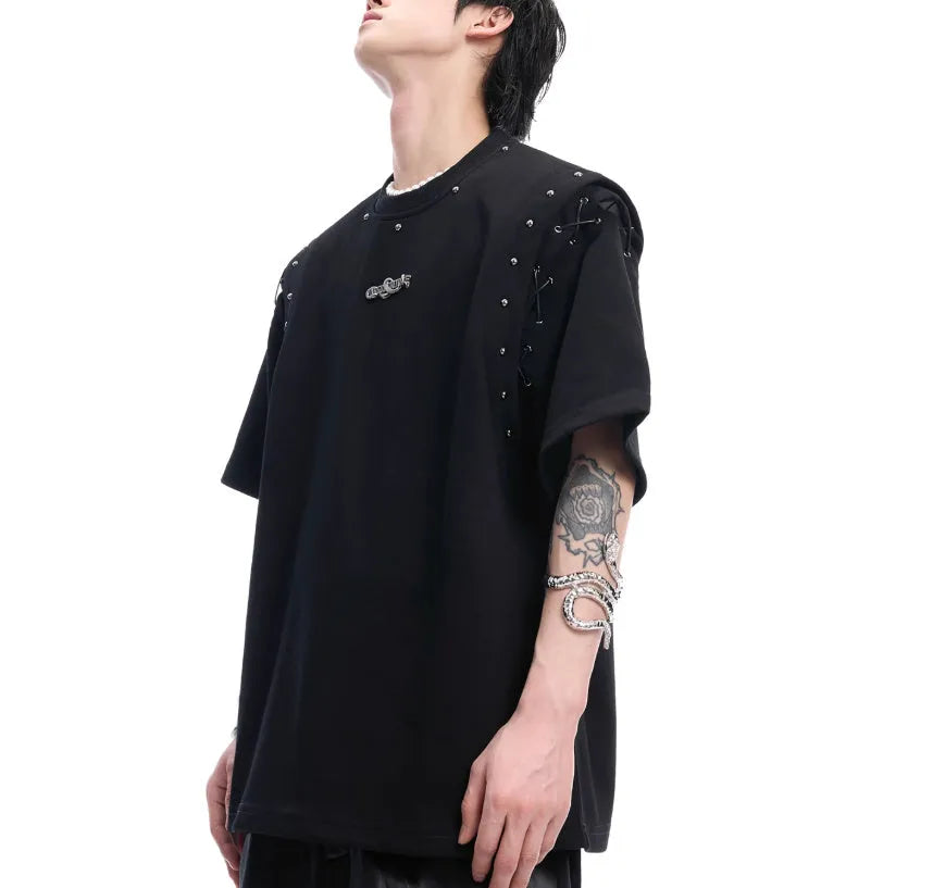Women's black short sleeve T-shirt with lace-up detail across the upper back