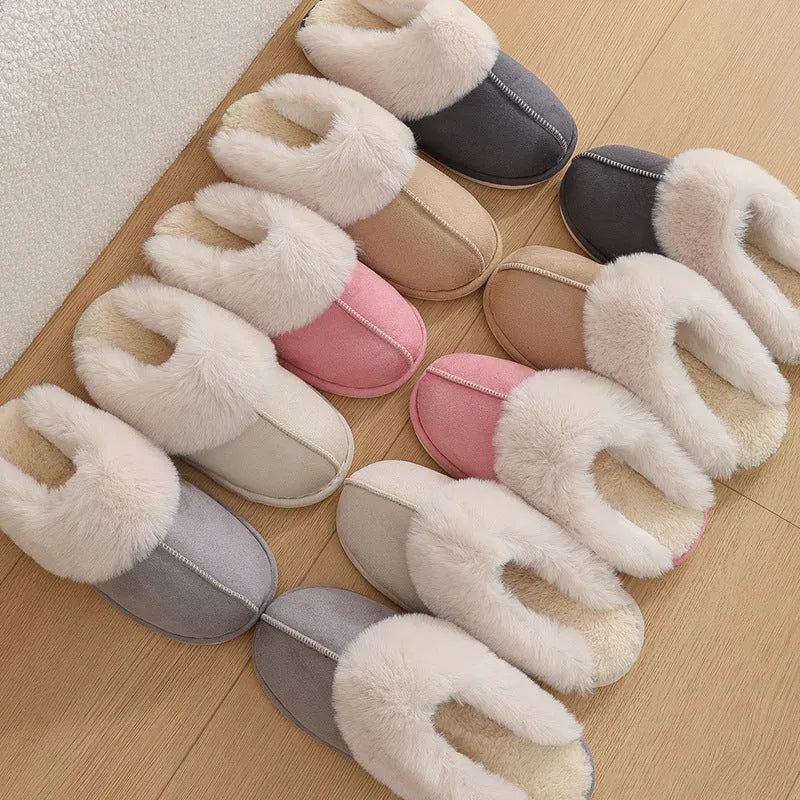 Women's plush indoor slippers with round toe, flat heel, and PVC sole in multiple colour options