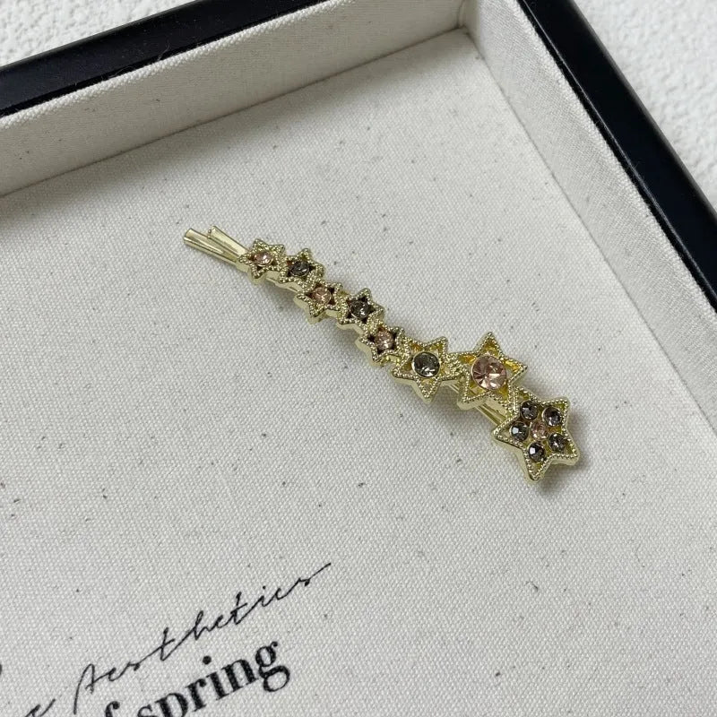 Gold rhinestone barrettes hair clip with five-pointed star design for side hair and bangs