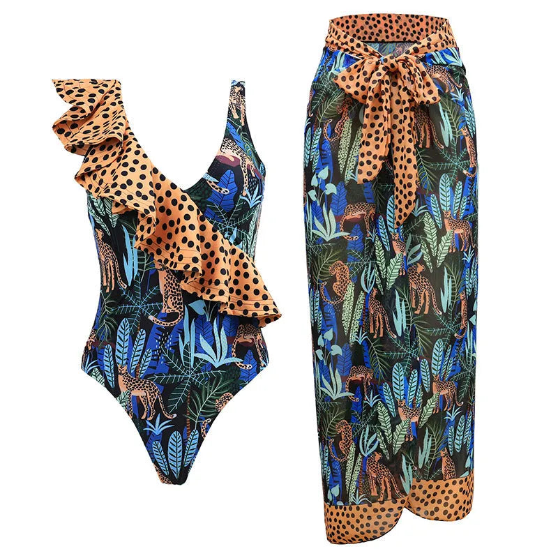 Women's solid colour one-piece swimsuit with spaghetti straps and matching skirt set