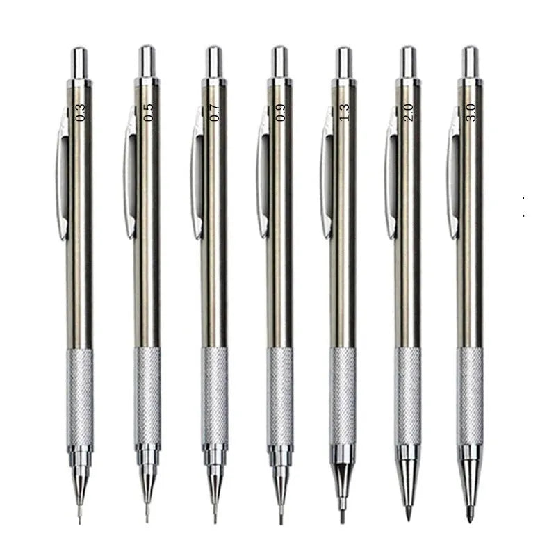Metal automatic mechanical pencil on a surface, shown with multiple lead size indicators including 0.5mm and 2.0mm.