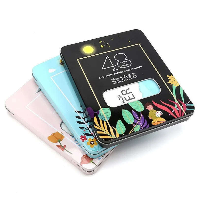48-colour solid watercolour paint set in box with Black Knight, Girl Pink and Sunshine Blue shades