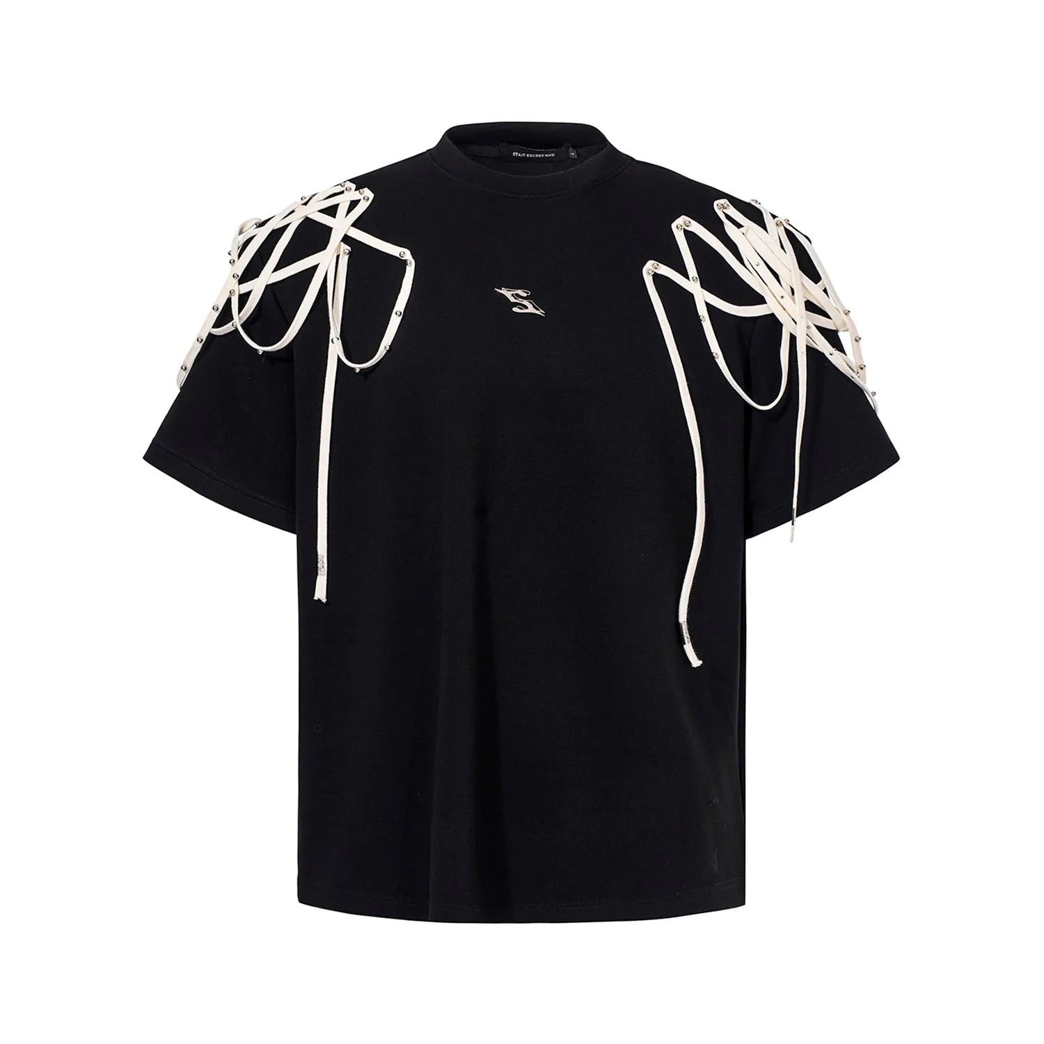 Black loose fit short sleeve T-shirt with ribbon and rivet decorated padded shoulders.