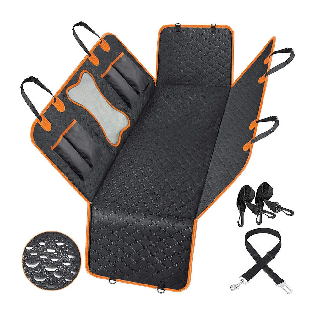 Black dog car seat cover with orange trim, shown fitted as a hammock in a vehicle rear seat.