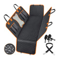 Black dog car seat cover with orange trim, shown fitted as a hammock in a vehicle rear seat.