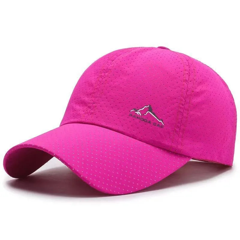Adjustable baseball cap in polyester fabric on a solid colour background, showing dome crown and strap.