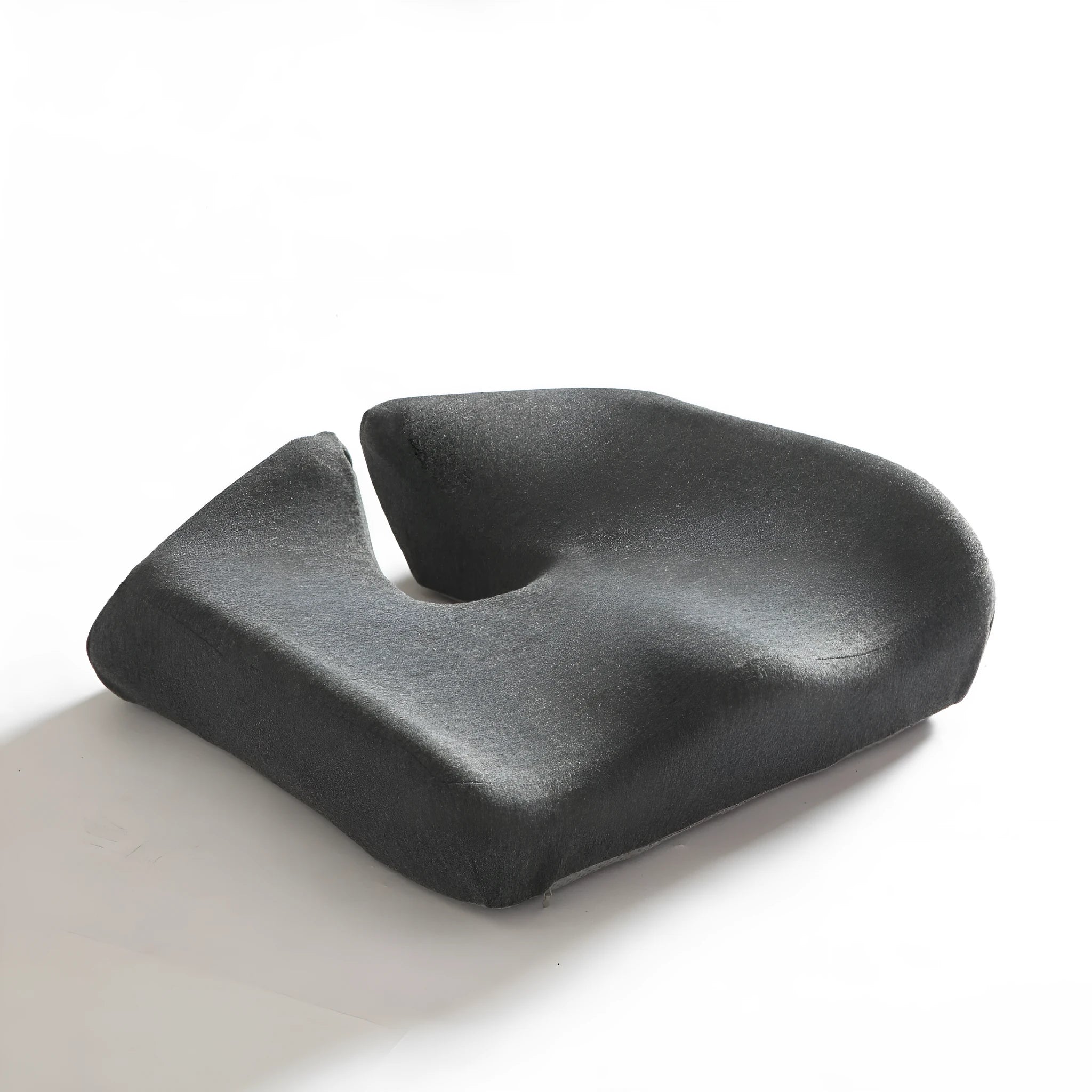 Memory foam office chair cushion measuring 36x40x11cm in dark grey colour with mesh backing