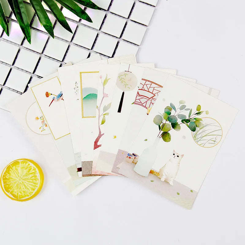Set of nine minimalist cartoon-style postcards depicting retro Paris Eiffel Tower and historic sites