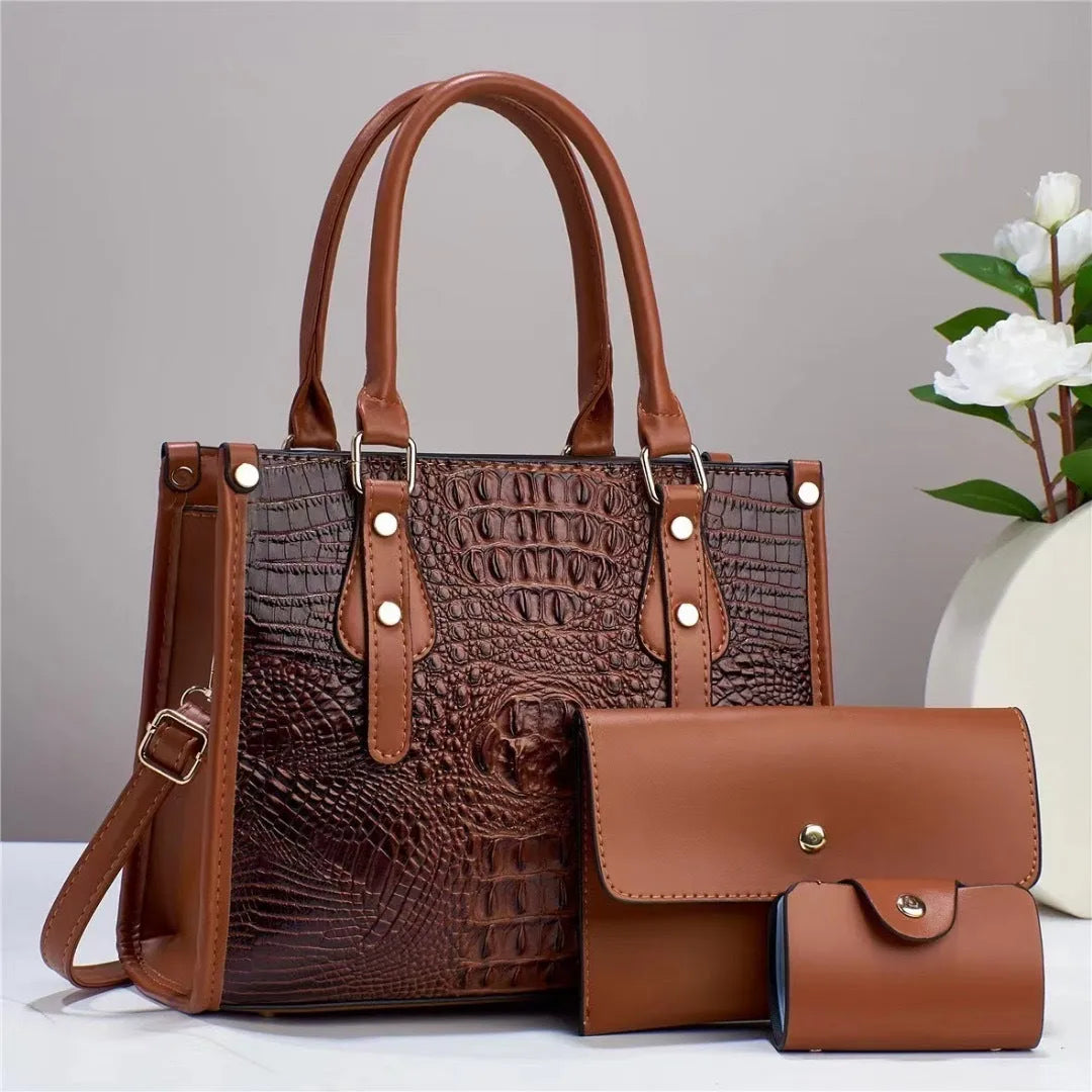 Contrast colour minimalist three-piece bucket bag set with wallet and card holder in PU leather.