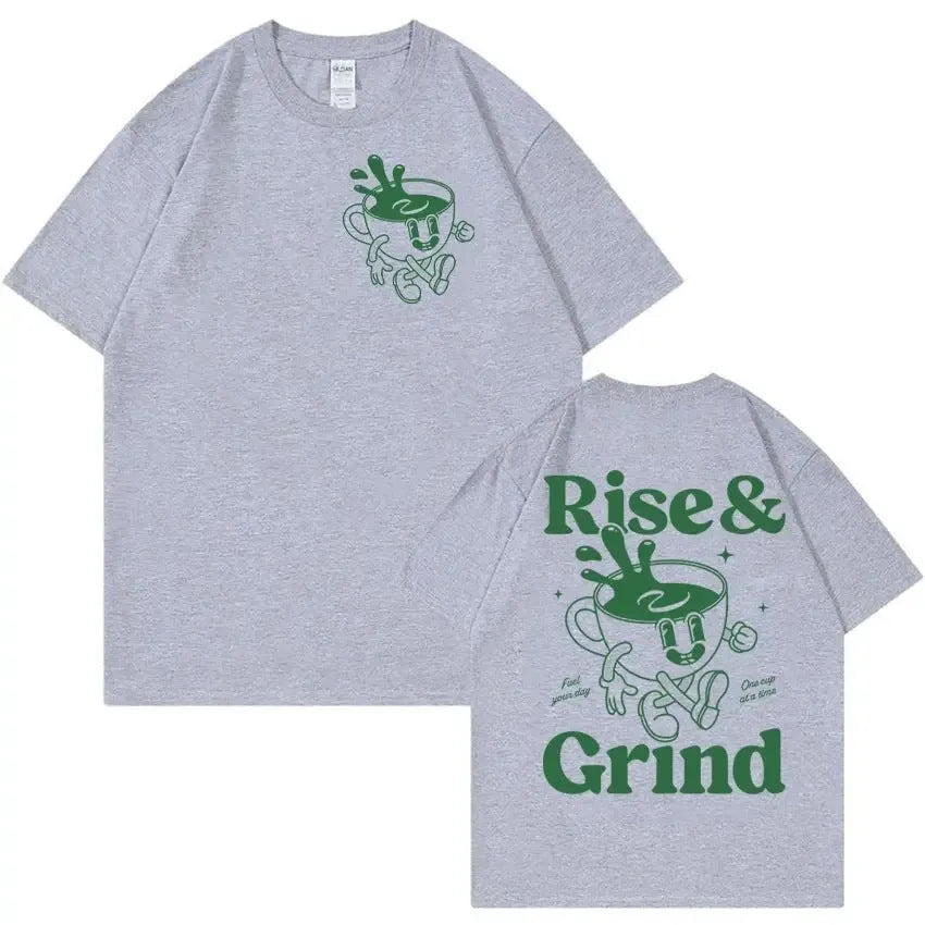 Men's black linen T-shirt with 'Rise And Grind Green Coffee' cartoon and text print in a loose fit