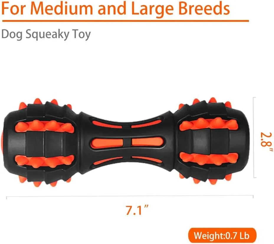 Red rubber dumbbell-shaped dog chew toy for aggressive chewers with measurements shown