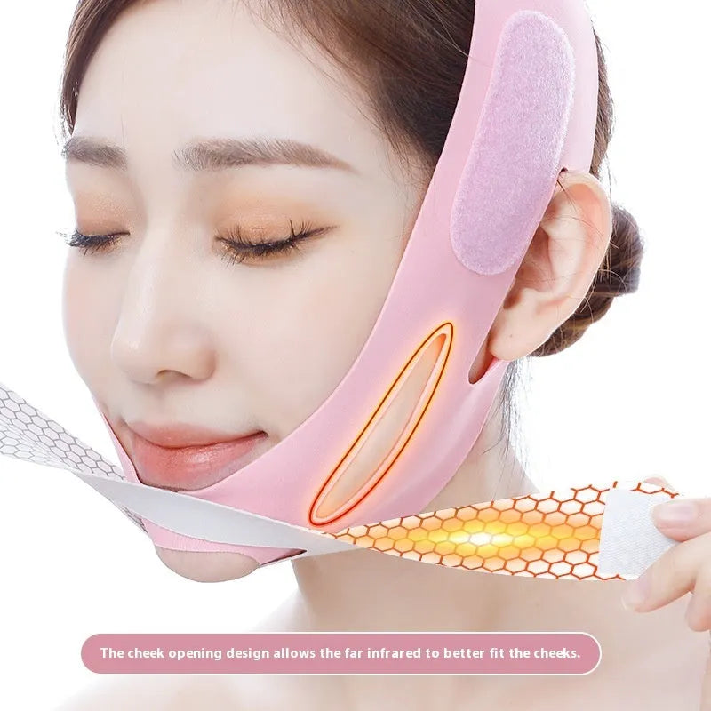 Pink elastic V-shaped face bandage for facial contouring and slimming support
