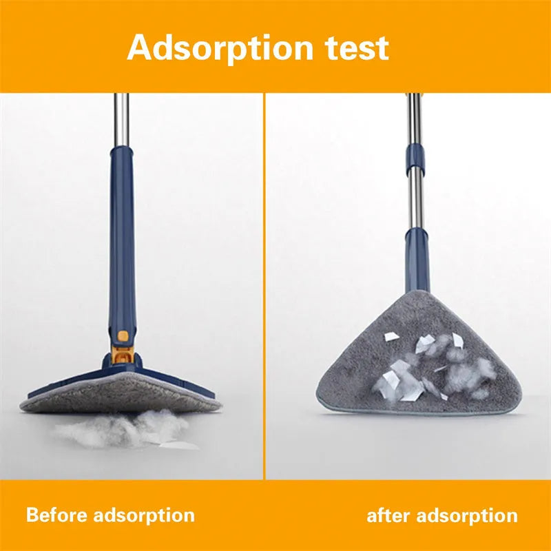Blue triangle cleaning mop with extendable stainless steel pole and 360-degree rotating head