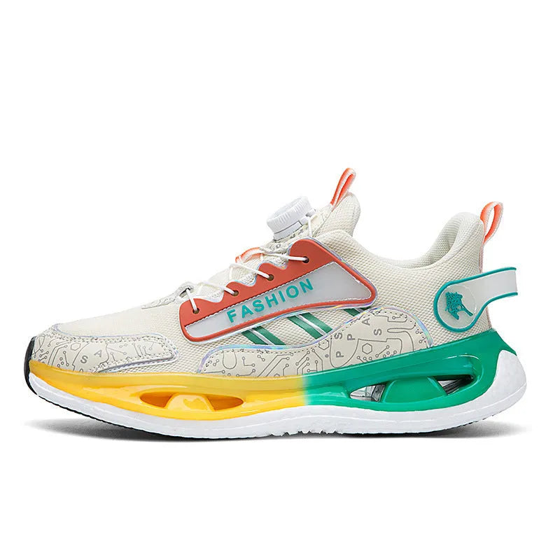 Men's low-top mesh sports shoes in beige orange with an elastic band closure and a textured Popcorn TPU sole.