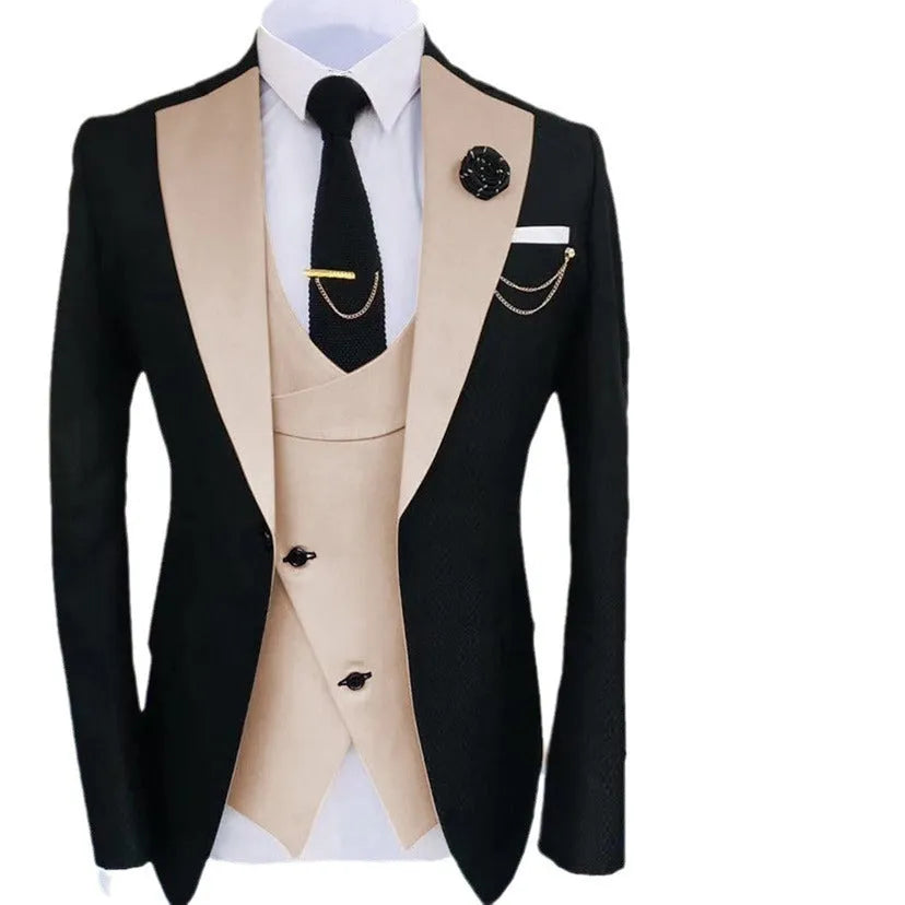 Men's slim fit cotton three-piece business suit showing coat, vest and trousers in black colour option