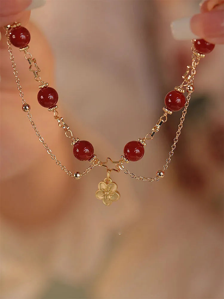 Red agate double-layer women's bracelet with hand-carved peach blossom floral design