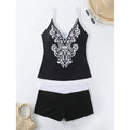 Plus size women's printed swimsuit briefs in black or rose red with matching trunks.