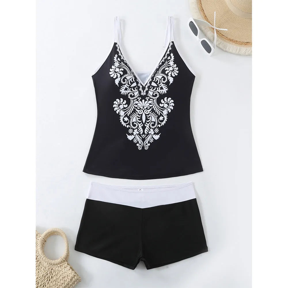 Plus size women's printed swimsuit briefs in black or rose red with matching trunks.